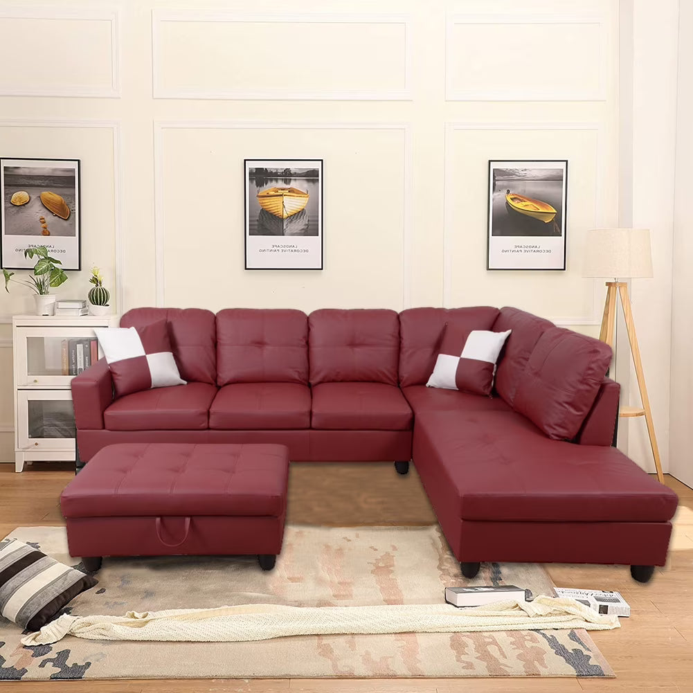 Red Faux Leather Sofa & Chaise with Ottoman A53328