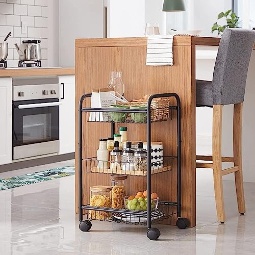 Black 3-Tier Metal Rolling Cart with Baskets and Lockable Handles Q77401
