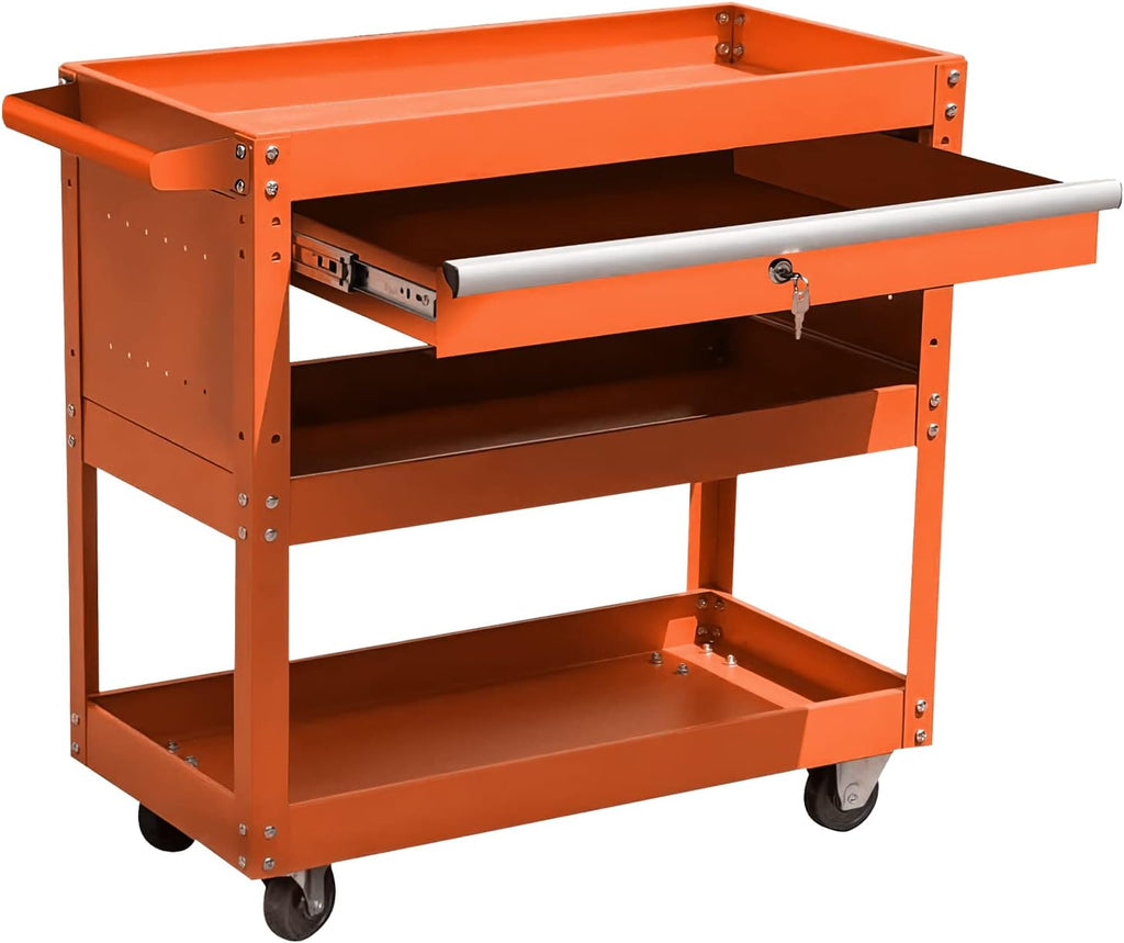 Black 3-Tier Tool Cart with Wheels and Drawers A2084