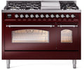 48 Dual Fuel Natural Gas Range in Burgundy with Chrome Trim R920