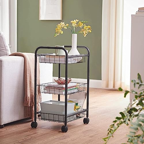 Black 3-Tier Metal Rolling Cart with Baskets and Lockable Handles Q77401