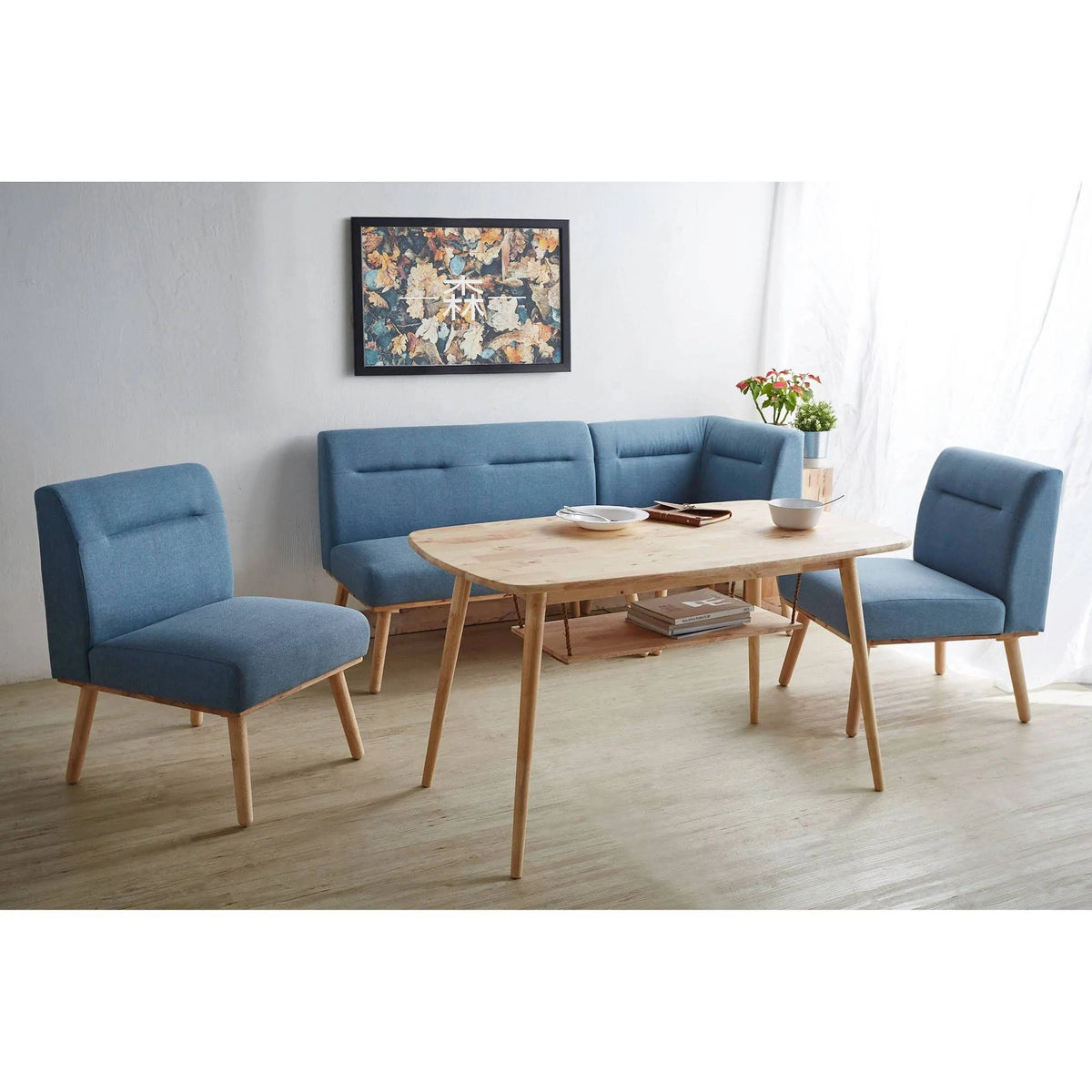 Blue/Natural Mid Century Wood Corner Sectional Sofa U235