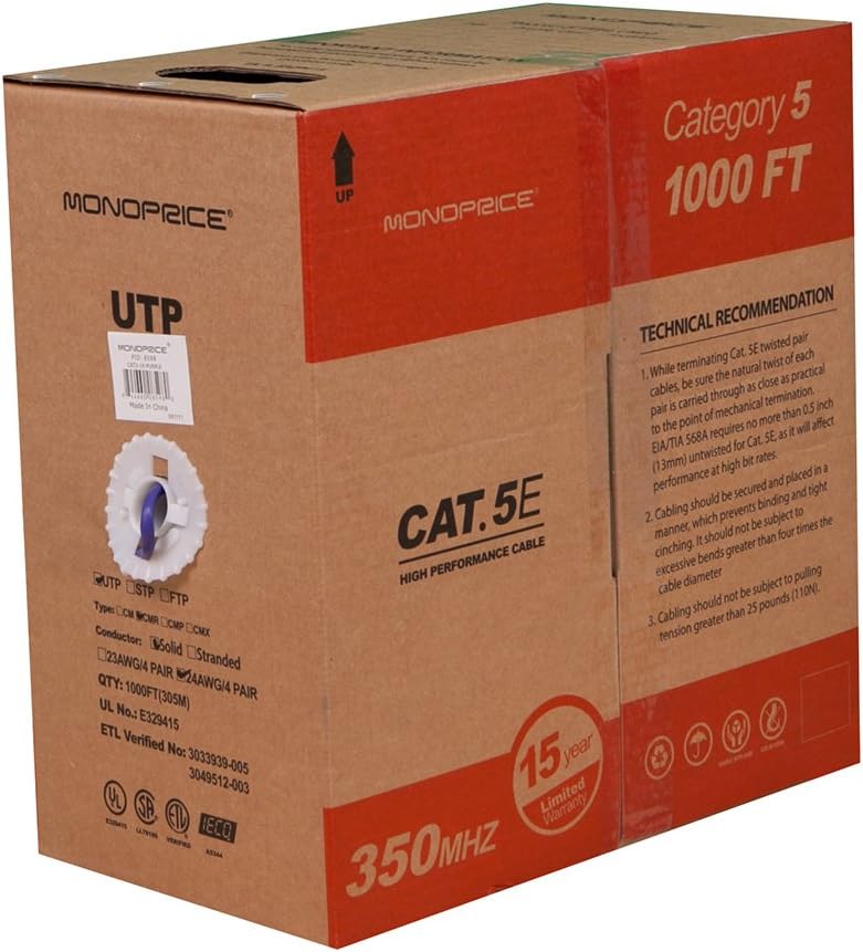 1000FT 24AWG Cat5e UTP Riser Rated Bare Copper Cable - Blue D8057