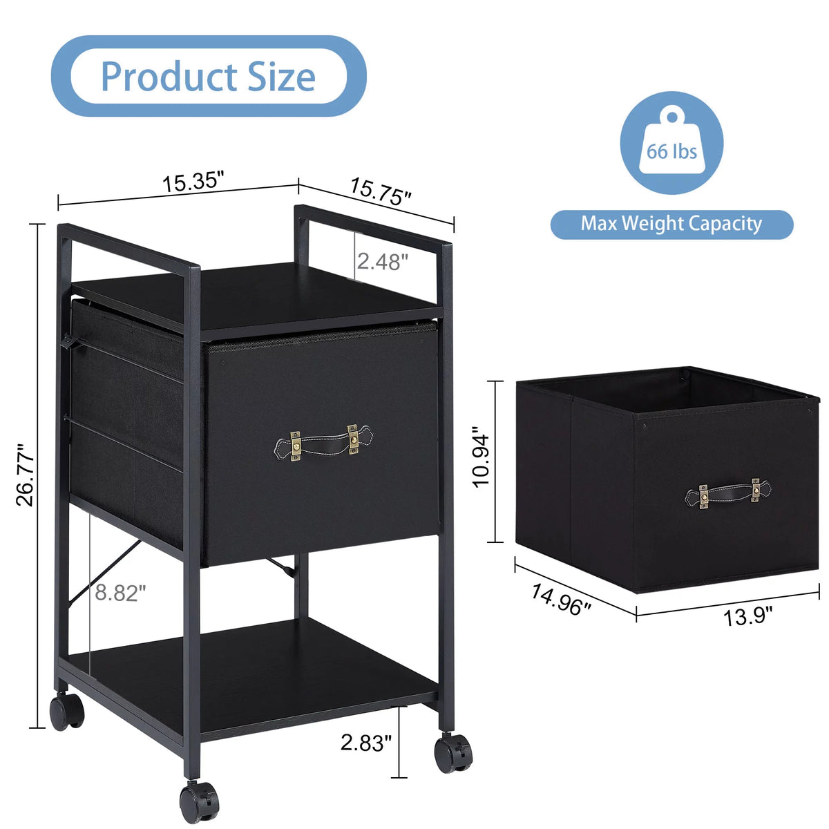 Set of 2 Black Rolling File Cabinet with 1 Drawer and Shelf A32185