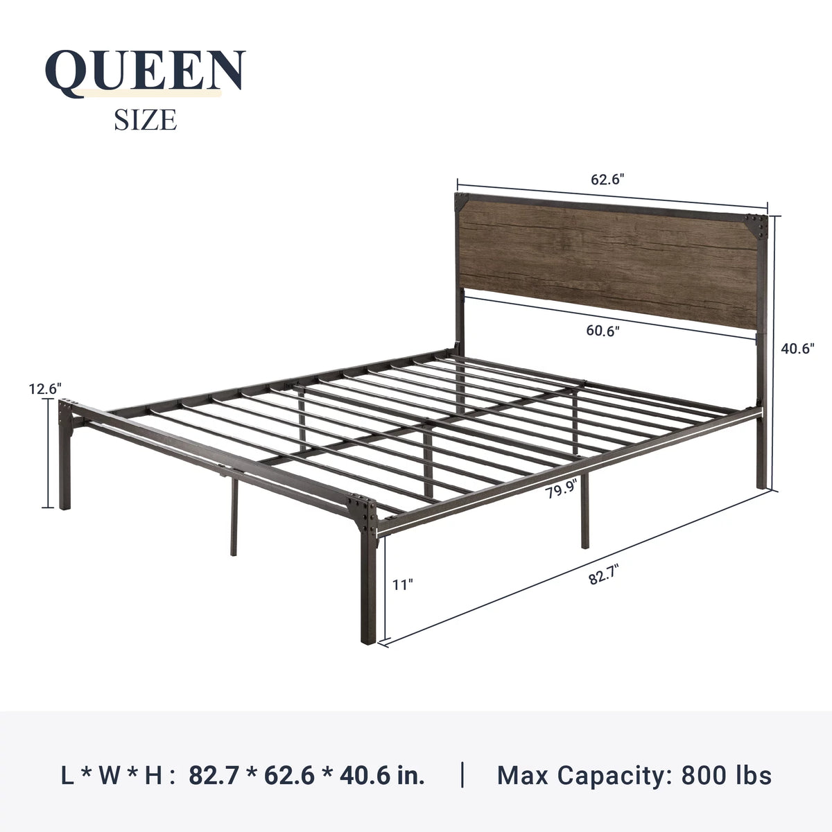 Queen Size Industrial Metal Platform Bed Frame with Wooden Rivet Headboard S3274