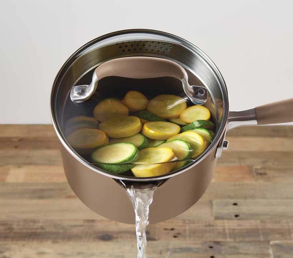 2 qt. Covered Straining Saucepan F341