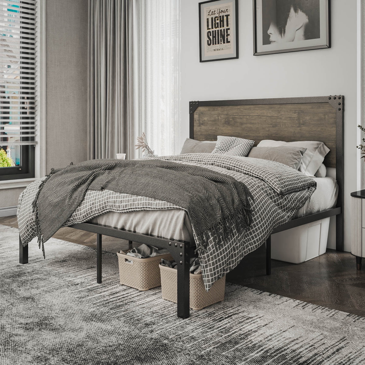 Queen Size Industrial Metal Platform Bed Frame with Wooden Rivet Headboard S3274