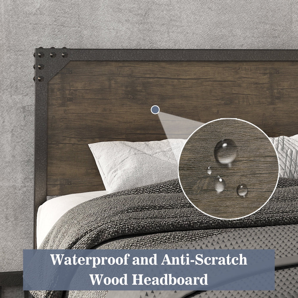 Queen Size Industrial Metal Platform Bed Frame with Wooden Rivet Headboard S3274