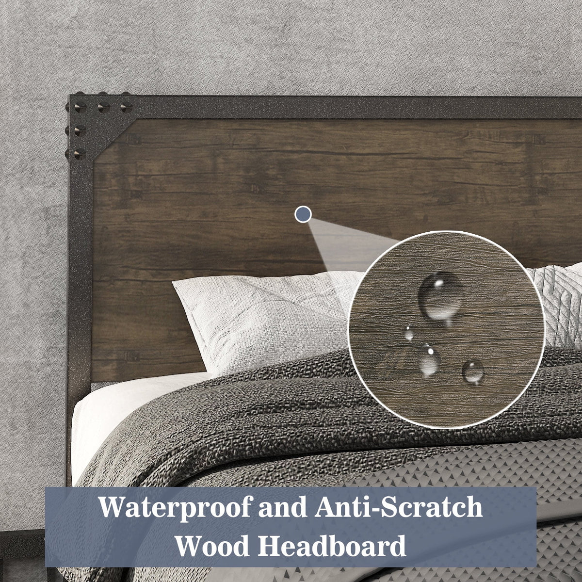 Queen Size Industrial Metal Platform Bed Frame with Wooden Rivet Headboard S3274