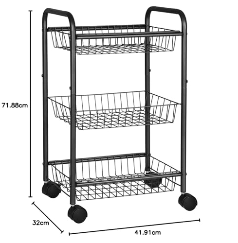 Black 3-Tier Metal Rolling Cart with Baskets and Lockable Handles Q77401