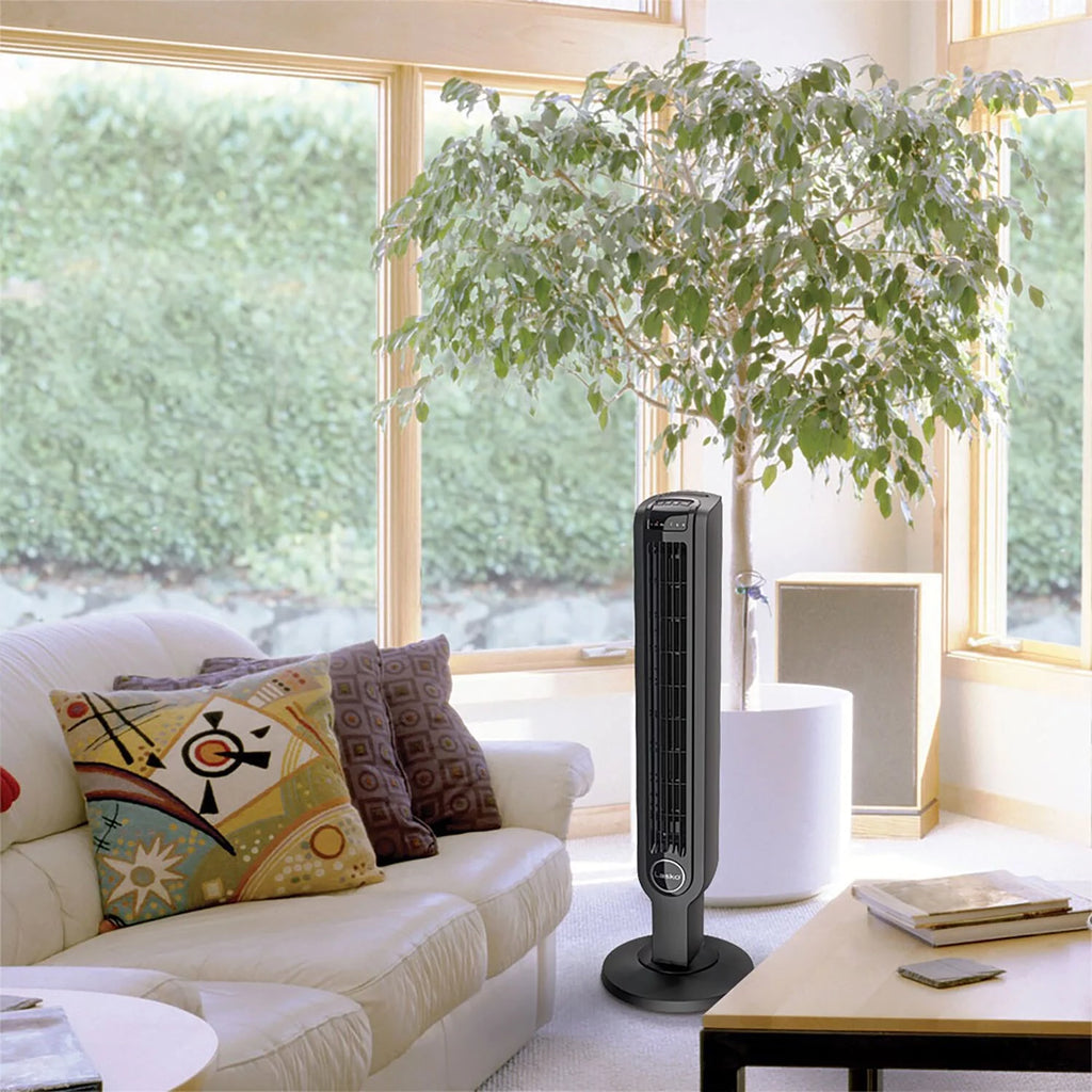 Black 3-Speed Oscillating Tower Fan with Timer and Remote E24440
