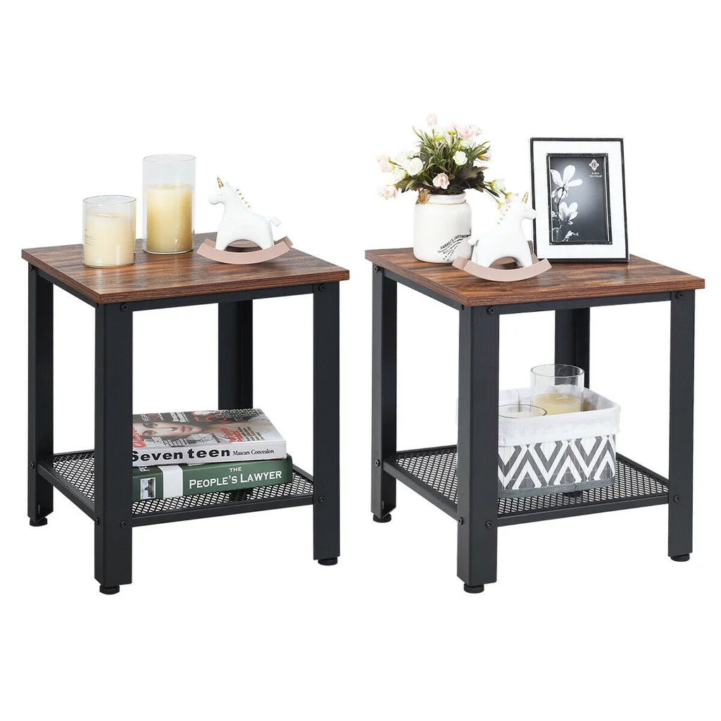 Set of 2 Black 2 Tier Side Table with Storage Shelf K49566
