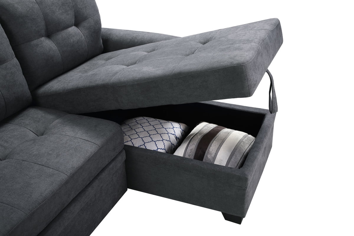 Dark Gray Fabric Reversible Sectional Sleeper Sofa Chaise with Storage X434264
