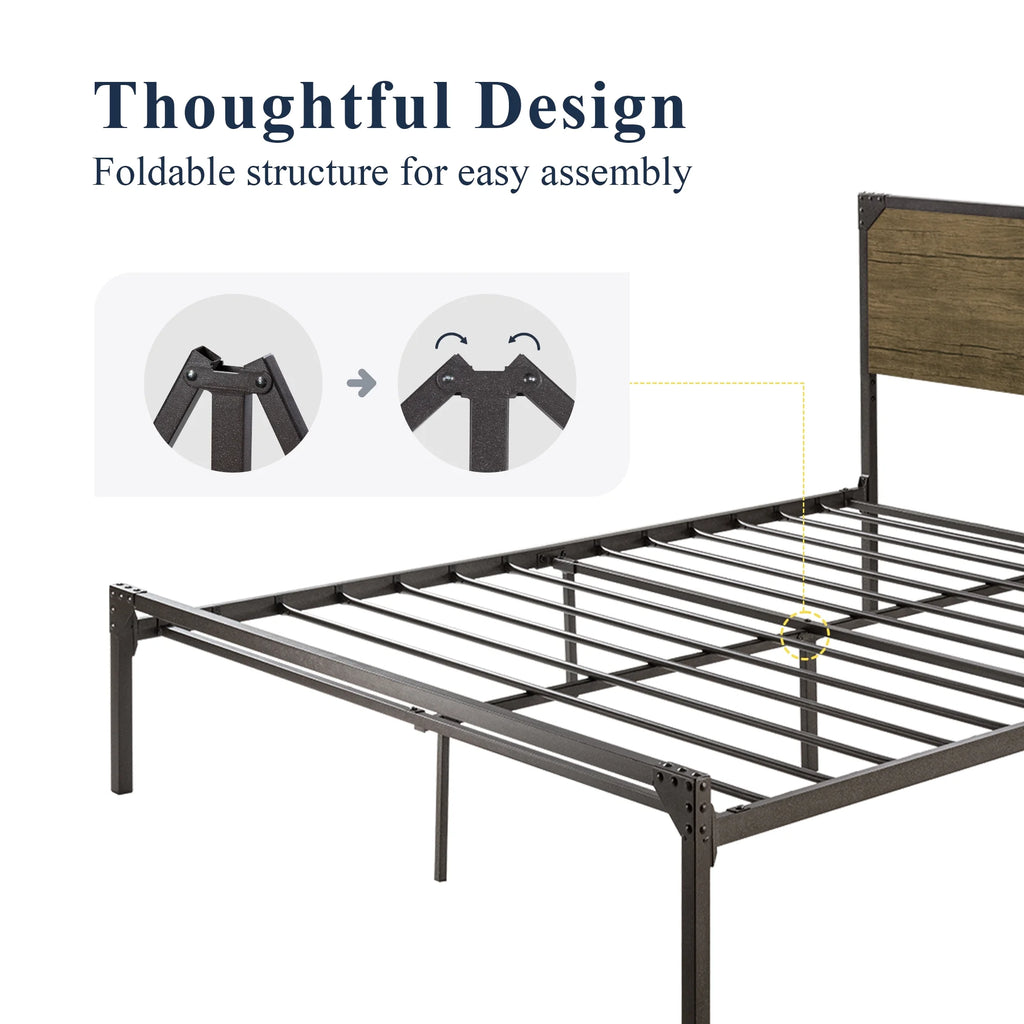 Queen Size Industrial Metal Platform Bed Frame with Wooden Rivet Headboard S3274