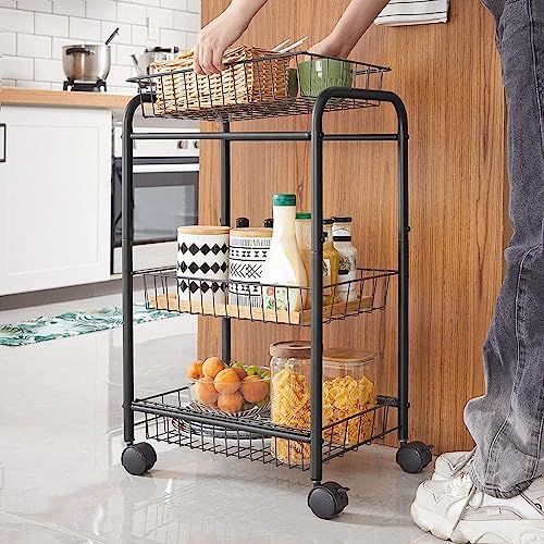 Black 3-Tier Metal Rolling Cart with Baskets and Lockable Handles Q77401
