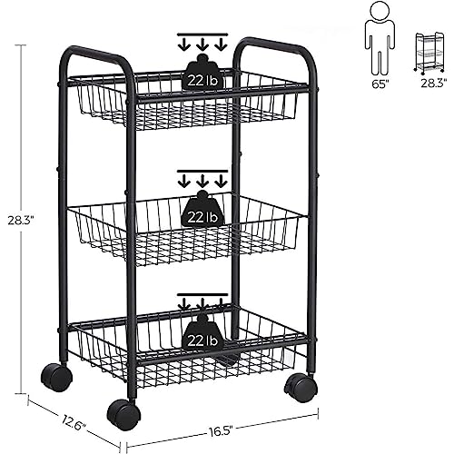 Black 3-Tier Metal Rolling Cart with Baskets and Lockable Handles Q77401