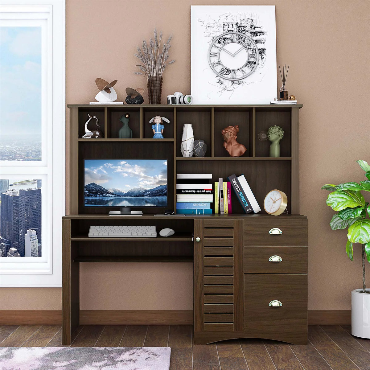 Walnut Computer Desk with Hutch and 3 Drawers K60526