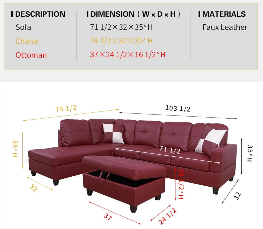 Red Faux Leather Sofa & Chaise with Ottoman A53328
