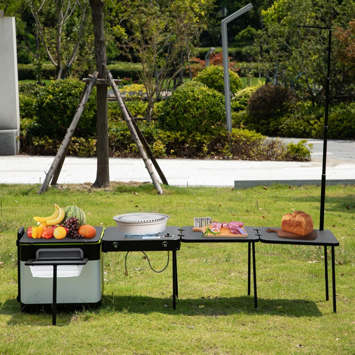 Black Portable Outdoor Cooking Station with Wheels P25530