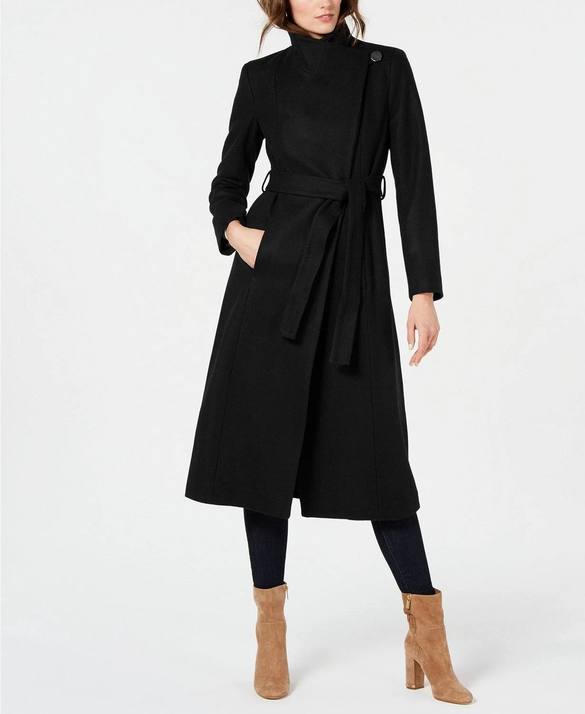 Black Asymmetrical Belted Maxi Coat I28949