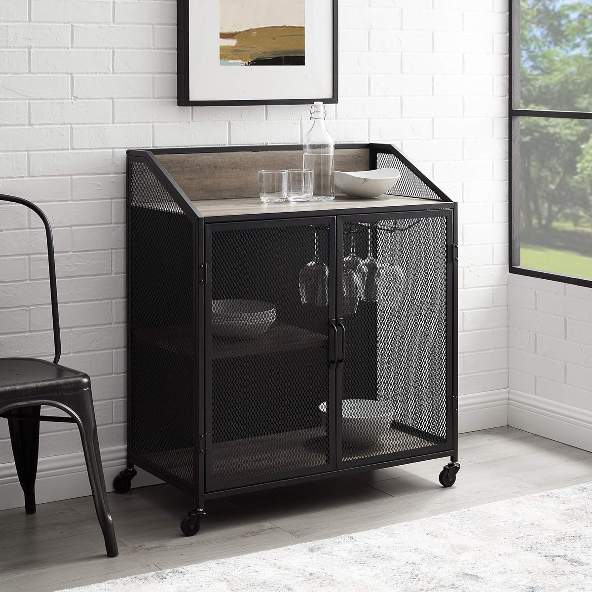 Grey Metal Mesh Double Door Rolling Bar Cabinet A19491