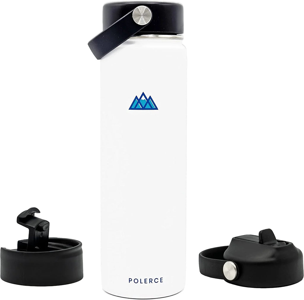 White Stainless Steel Vacuum Insulated Bottle with 3 Lids, 21 Fl Oz U14848