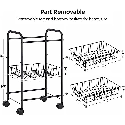 Black 3-Tier Metal Rolling Cart with Baskets and Lockable Handles Q77401