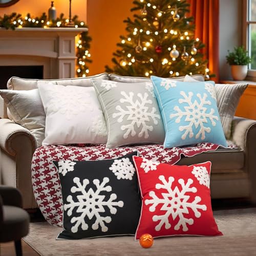 18x18 Soft Canvas Snowflake Embroidery Throw Pillow Covers with Invisible Zipper, 1 Pair, White N6957
