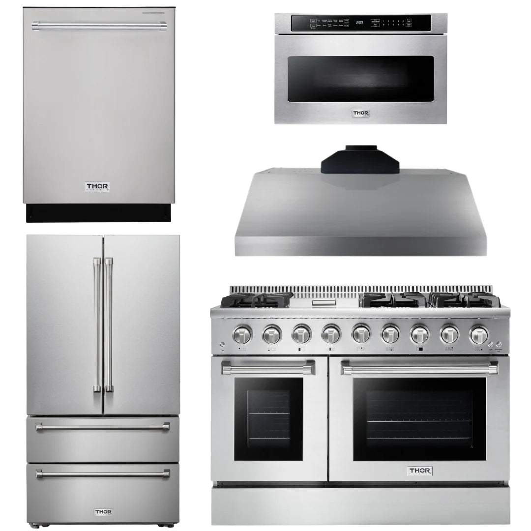 48 In. Natural Gas Range, Range Hood, Refrigerator, Dishwasher, Microwave Drawer E4128