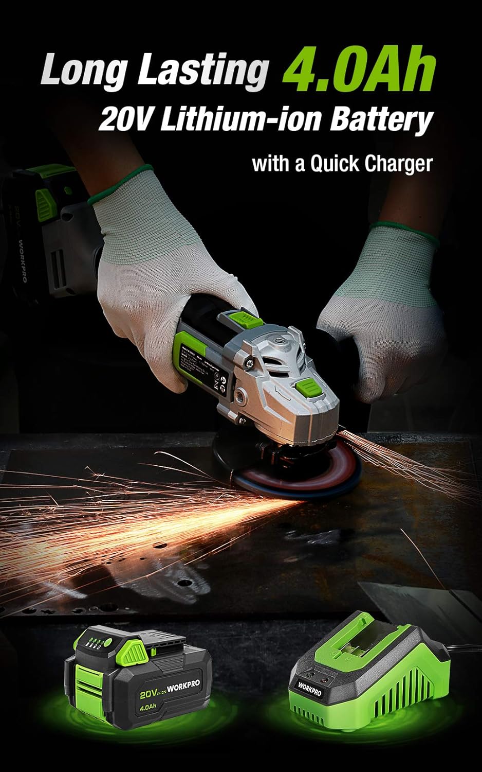 20V Cordless Angle Grinder Kit, 4-1/2 Inch, Lightweight, 4.0Ah Lithium-Ion Battery P6681