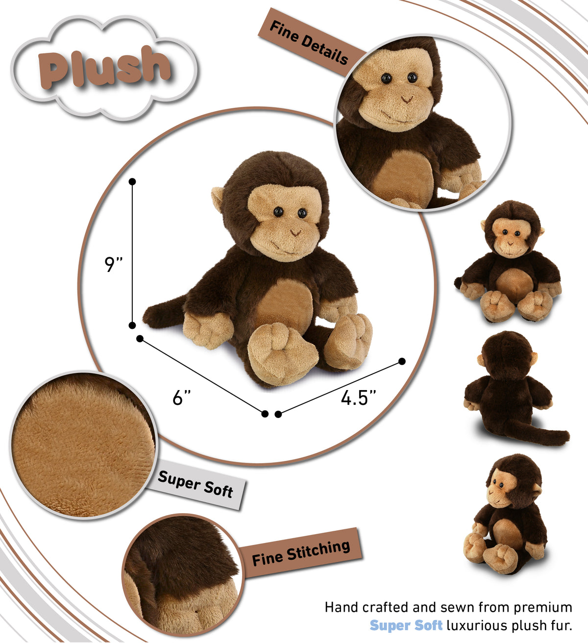 Soft Brown Plush Monkey Stuffed Animal Toy, 9 Inches S6292