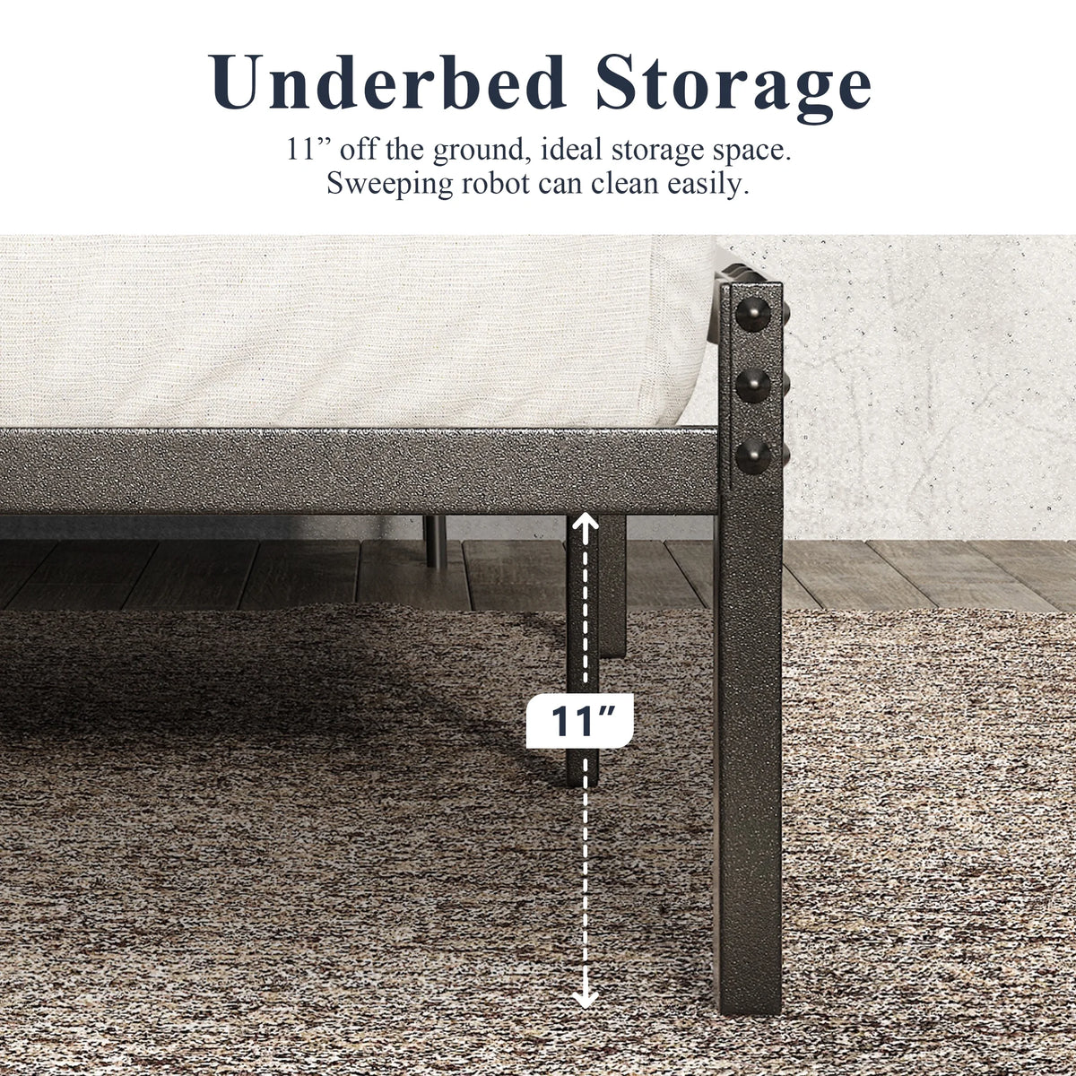 Queen Size Industrial Metal Platform Bed Frame with Wooden Rivet Headboard S3274