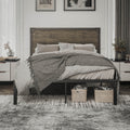 Queen Size Industrial Metal Platform Bed Frame with Wooden Rivet Headboard S3274