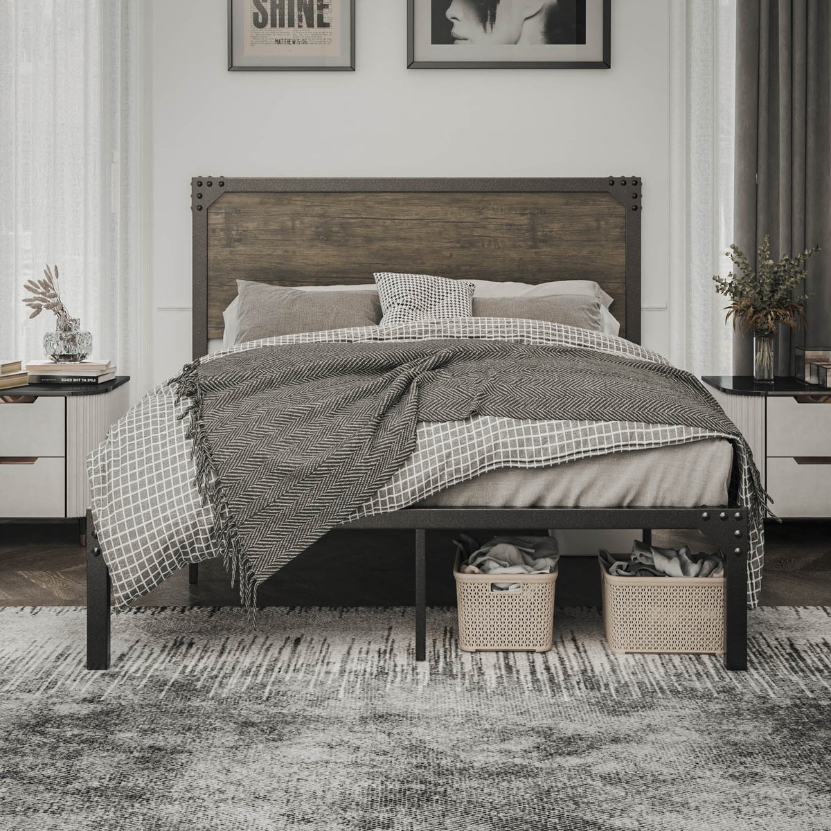 Queen Size Industrial Metal Platform Bed Frame with Wooden Rivet Headboard S3274