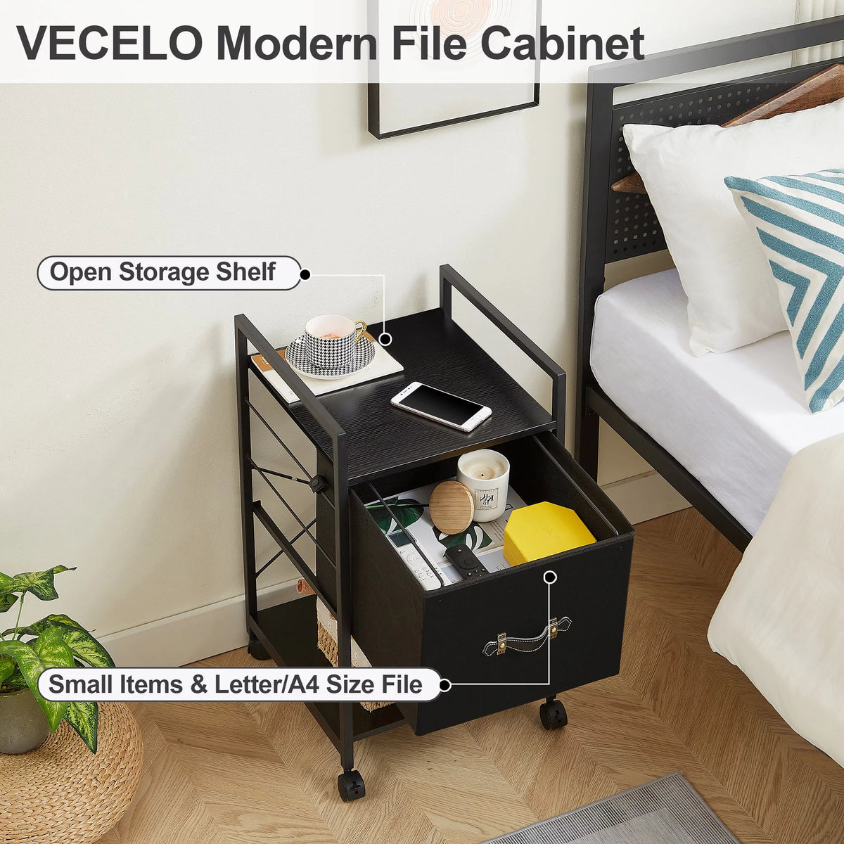 Set of 2 Black Rolling File Cabinet with 1 Drawer and Shelf A32185