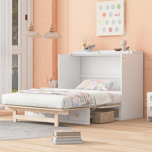 Queen Size Solid Pine Murphy Bed with Storage Drawer L6401