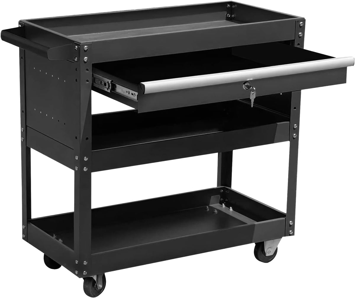 Black 3-Tier Tool Cart with Wheels and Drawers A2084
