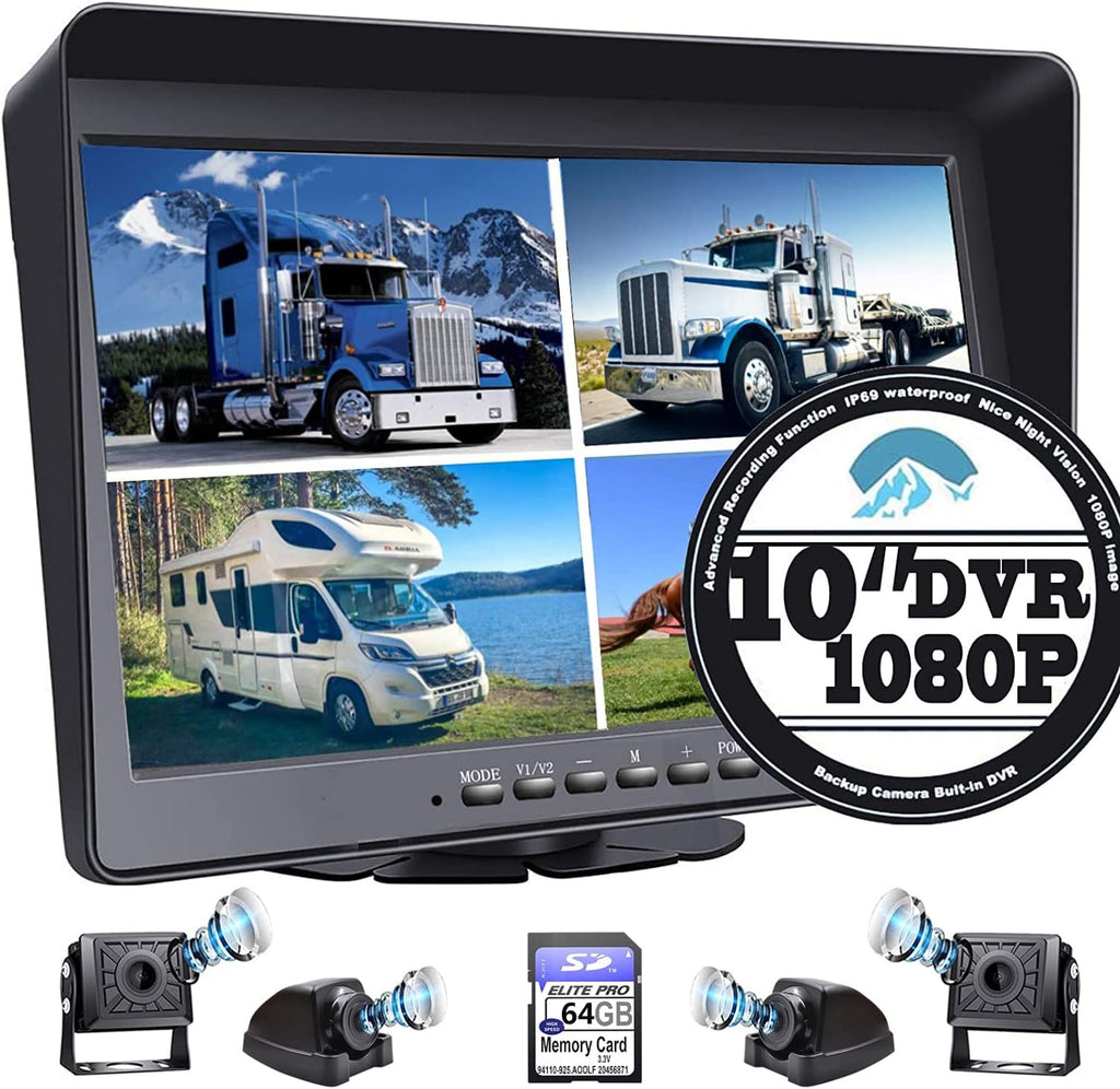 10.1 Monitor Backup Camera Wired System 1080P HD 4 Split Screen IP69 Waterproof A82365