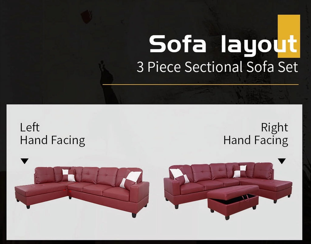 Red Faux Leather Sofa & Chaise with Ottoman A53328