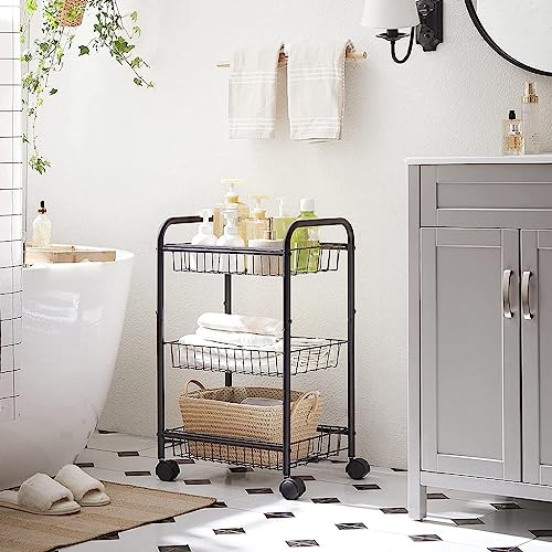 Black 3-Tier Metal Rolling Cart with Baskets and Lockable Handles Q77401