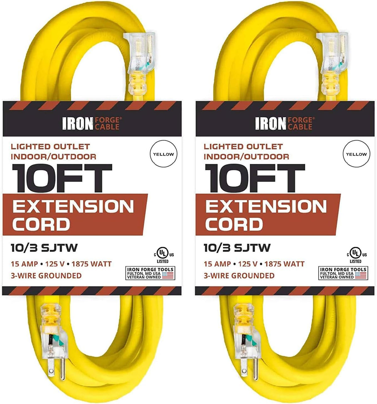 2 Pack of 25 Foot Lighted Outdoor Extension Cord 10 Gauge Y26267
