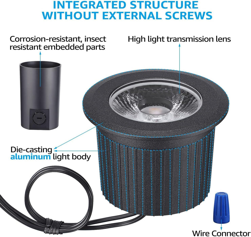 12-Pack 7W LED Well Light, Low Voltage Landscape Lights, IP67 Waterproof, 3000K Warm White, Black T151099