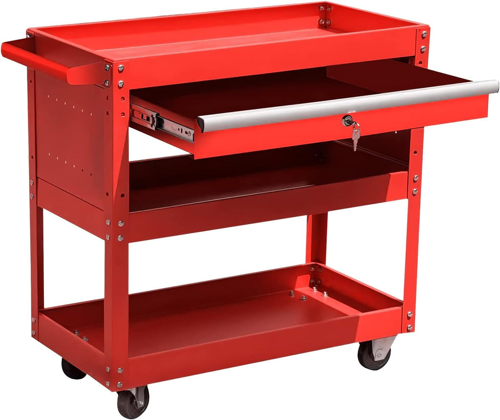 Black 3-Tier Tool Cart with Wheels and Drawers A2084