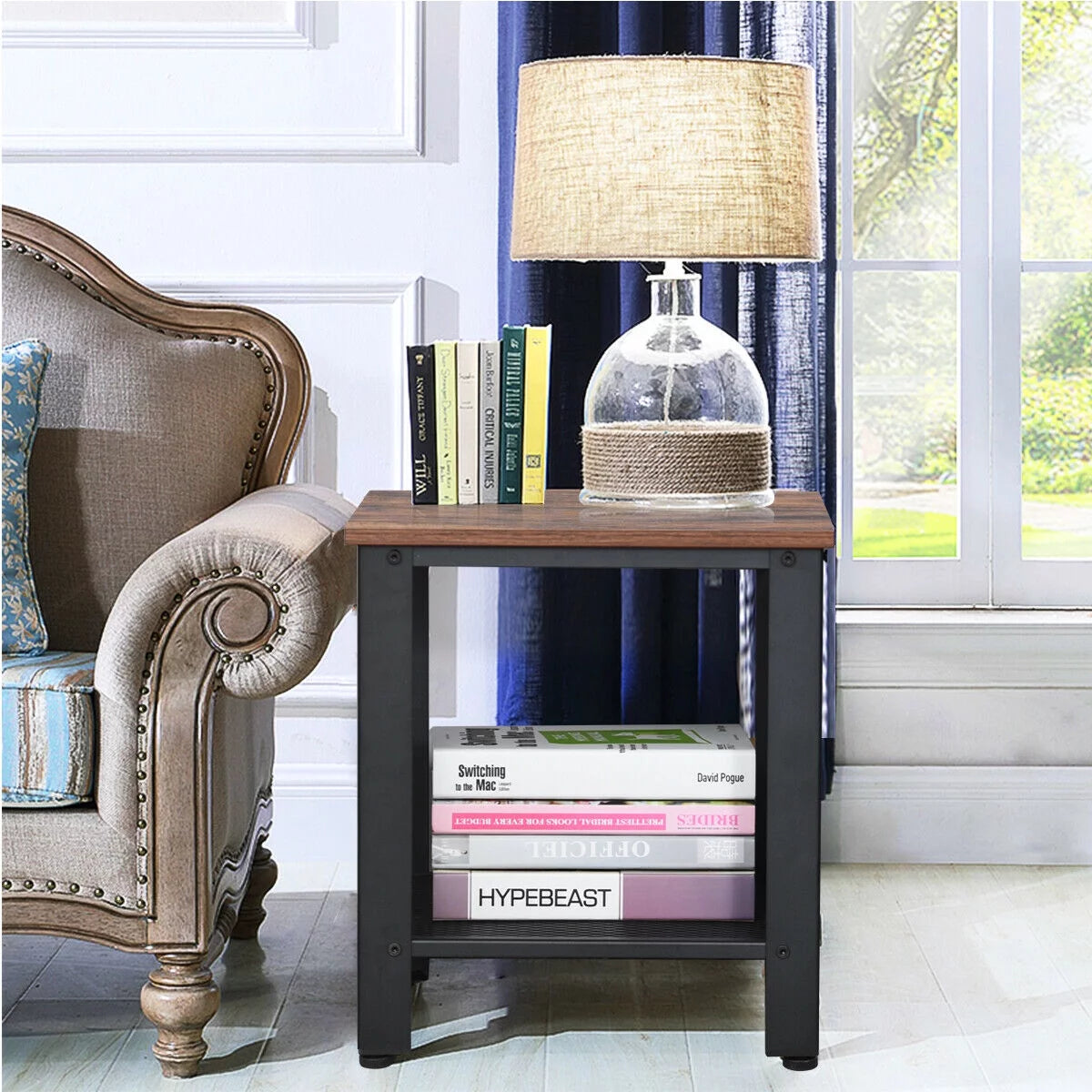 Set of 2 Black 2 Tier Side Table with Storage Shelf K49566