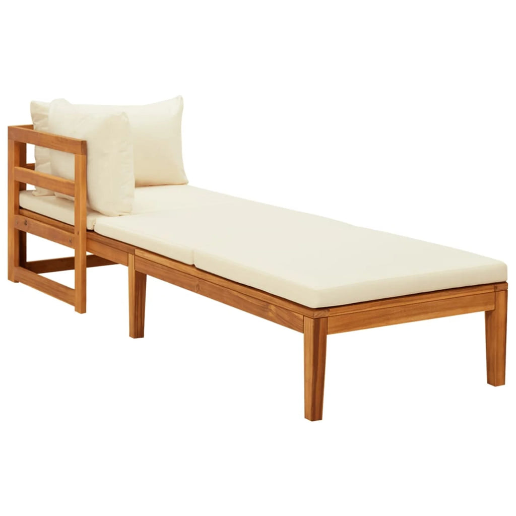2 Piece Acacia Wood Sun Lounger with Cream White Cushion and Pillows I4194