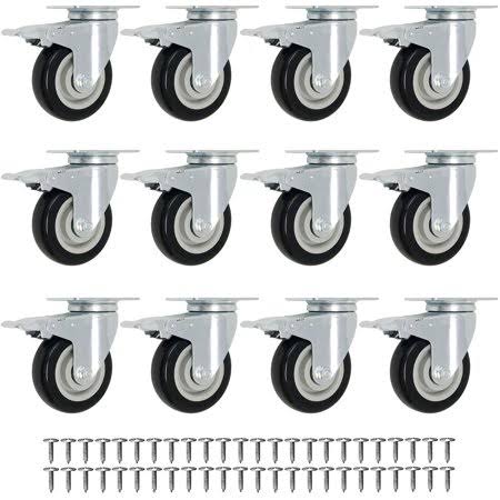12 Pack Swivel Plate Caster Wheels with Brake, 4 inch Black Polyurethane C5234