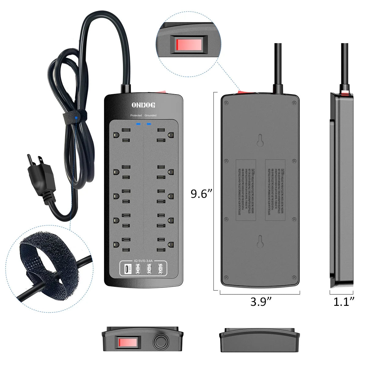 10 Outlets 4 USB Ports 6 Ft Extension Cord Surge Protector Power Strip T62565
