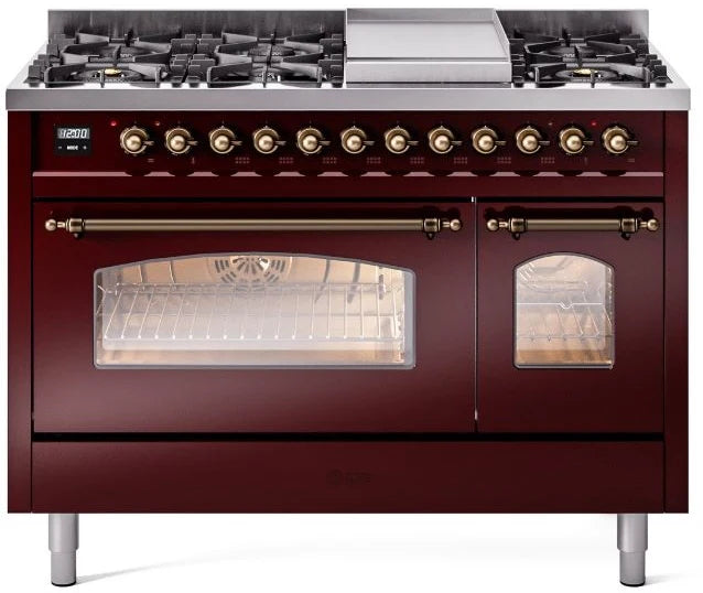 48 Dual Fuel Propane Gas Range in Burgundy with Bronze Trim M48377