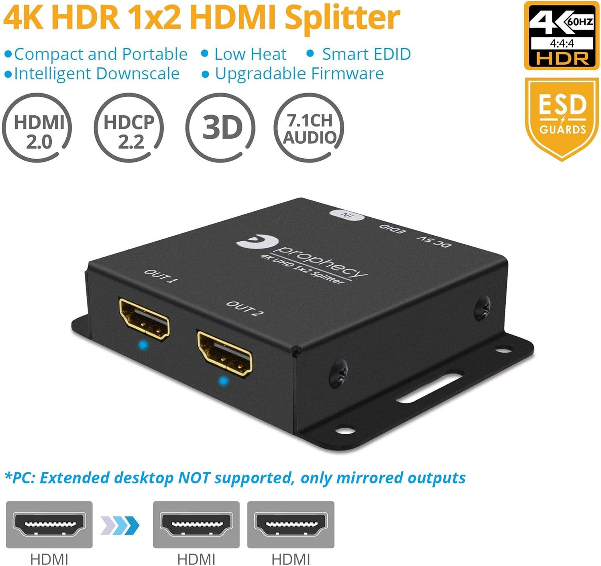 1x2 HDMI 2.0 Splitter 4K 60Hz HDR 18Gbps 2 Port 1 in 2 Out Pack of 2 B479