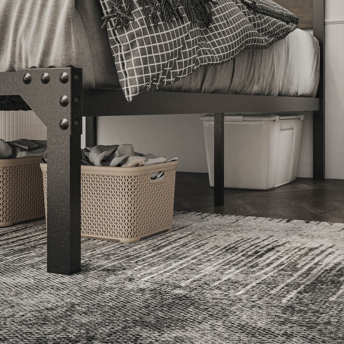 Queen Size Industrial Metal Platform Bed Frame with Wooden Rivet Headboard S3274